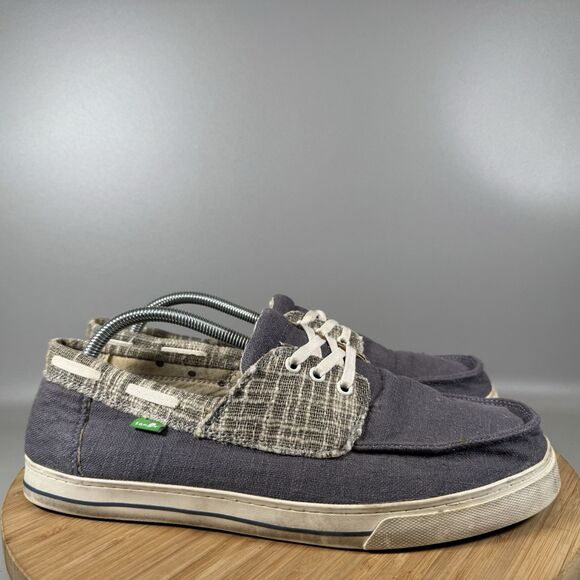 S Sanuk The Sea Man Boat Shoes Blue Canvas Lace Up Mens Size 11 - Picture 1 of 8